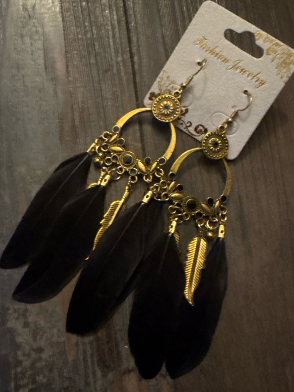 Fashion Jewelry Gold and Black Boho Feather Hoop Earrings